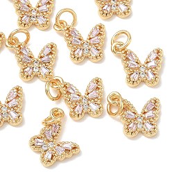 Pink SHEGRACE Brass Pave Clear Cubic Zirconia Pendants, Butterfly Charms, Cadmium Free & Nickel Free & Lead Free, Long-Lasting Plated, Real 18K Gold Plated, Pink, 11x11.5x3mm, Hole: 3mm