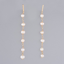 Real 18K Gold Plated Studs Earring, with Natural Freshwater Pearl and Brass Findings, Real 18K Gold Plated, 80~83mm, Pin: 0.9mm
