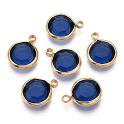 Темно-Синий K 9 стеклянные подвески, плоско-круглые, с латунной фурнитурой , граненые, реальный 18 k позолоченный, темно-синий, 13.5~14x10.5~11x3.5~4 мм, отверстие : 1.8 мм