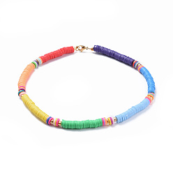 Colorful Handmade Polymer Clay Heishi Beads Choker Necklaces, with Brass Spacer Beads and 304 Stainless Steel Findings, Colorful, 14.1 inch(36cm)