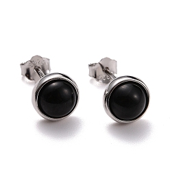 Black 925 Sterling Silver Stud Earrings, Half Round Black Agate Earrings for Women, Platinum, Black, 15x7mm, Pin: 0.7mm