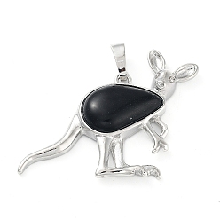 (946F)Морозный цвет внутри  Жонкиль / Непрозрачная зеленая подкладка Натуральный черный агат подвески, с латунной фурнитурой платинового цвета, кенгуру, 34x48x6.5~7 мм, отверстие : 5.5x7 мм