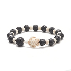 Beige Dyed Synthetic Turquoise(Dyed) Tortoise & Natural Lava Rock Beaded Stretch Bracelet for Women, Beige, Inner Diameter: 2-3/8~2-1/2 inch(6~6.5cm)