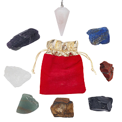 Mixed Stone Chakra Raw Rough Gemstone Kit, with Natural Rose Quartz Dowsing Pendulum Pendants, 8pcs/set