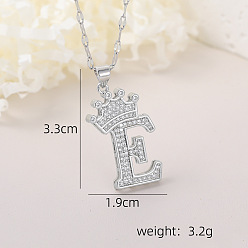 Letter E Хип-хоп латунные микропаве кубические цирконии корона инициал подвеска ожерелья, 304 ожерелья из нержавеющей стали с цепочкой для женщин, платина, Письмо E, 15.75 дюйм (40 см)