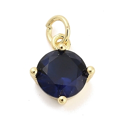 Прусский Синий Латунь стекло кулоны, плоско-круглые, долговечный, стойки покрытие, без свинца и без кадмия, граненые, реальный 18 k позолоченный, берлинская лазурь, 12.5x10x5.5 мм