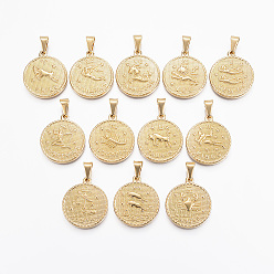 Real 18K Gold Plated 304 Stainless Steel Pendant Sets, Flat Round with Twelve Constellation/Zodiac Sign, Real 18K Gold Plated, 29x25x3.2mm, Hole: 9x4.5mm, 12pcs/set