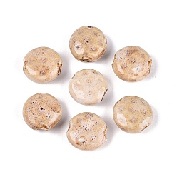 Blanched Almond Vintage Handmade Porcelain Beads, Fancy Antique Glazed Porcelain, Flat Round, Blanched Almond, 18.5~19.5x8~9mm, Hole: 2.2~3mm