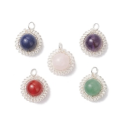 Серебро Круглые подвески из натурального аметиста, зеленого авантюрина, розового кварца, лазурита и сердолика, обвитые медной проволокой, цветочные подвески с прыгающим кольцом, смешанные окрашенные и неокрашенные, серебряные, 17~18.5x10~10.5 мм, отверстие : 3 мм