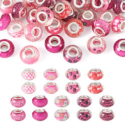 Фламинго 30шт. напечатанных прозрачных европейских бусин из смолы, бусины с большим отверстием, рондель с латунными сердечниками, покрытыми серебром, и блестящей пудрой, фламинго, 14x8.5 мм, отверстие : 5 мм