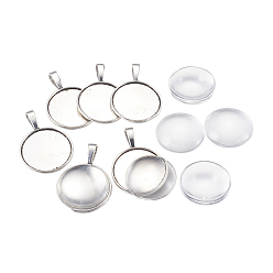 Античное Серебро Поделки кулон решений, с тибетским стилем подвески кабошона и стеклянными кабошонами, без свинца, плоско-круглые, античное серебро, 38x27x2 мм, отверстие : 5x9 мм, лоток : 25 мм