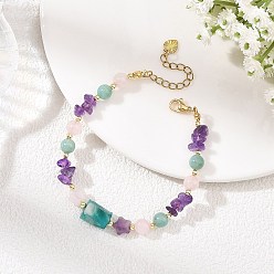 Mixed Stone Round Natural Rose Quartz & Raw Amazonite & Chip Amethyst Beaded Bracelets for Women, Golden, 7.09 inch(18cm)