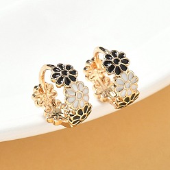 Черный Серьги-кольца из латуни с эмалью в виде маргаритки для женщин, золотые, чёрные, 13.5x14.5x5.5 мм
