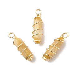 Topaz Jade Natural Topaz Jade Double Terminal Pointed Pendants, with Golden Tone Copper Wire Wrapped, Bullet, 26~26.5x8mm, Hole: 2.5~2.8mm