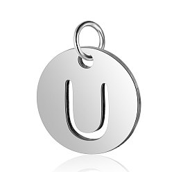 Letter U 304 Stainless Steel Charms, Flat Round with Letter, Stainless Steel Color, Letter.U, 12x1mm, Hole: 2.5mm