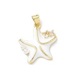 Белый Латунные микро проложить кубического циркония подвески, морская звезда, Эмаль стиле, с абс пластмассовыми жемчужными бисером, реальный 18 k позолоченный, белые, 21.5x20x4 мм, отверстие : 5x3.5 мм