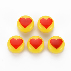 Yellow Opaque Acrylic Beads, Flat Round with Heart, Yellow, 12x8mm, Hole: 1.8mm