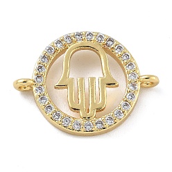 Настоящее золото 18K Стойка покрытие латунь микропаве прозрачный кубический цирконий плоский круглый с хамсой разъем для руки подвески, долговечный, без свинца и без кадмия, реальный 18 k позолоченный, 13.5x18.5x3 мм, отверстие : 1 мм