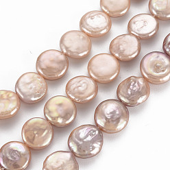 PeachPuff Natural Keshi Pearl Beads Strands, Cultured Freshwater Pearl, Flat Round, PeachPuff, 11~12x3~7mm, Hole: 0.6mm, about 31~32pcs/strand, 14.96 inch(38cm)