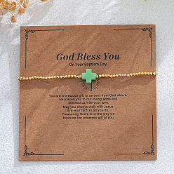 Бледно-Зеленый Латунные круглые бусины эластичные браслеты, Украшения для женщин: крестик из смолы., реальный 18 k позолоченный, с открытки, бледно-зеленый, 6.89 дюйм (17.5 см)