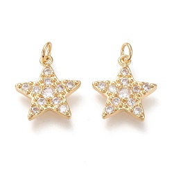 Настоящее золото 18K Латунные микропаве прозрачные кубические циркониевые подвески, с прыжковых колец, долговечный, звезда, прозрачные, реальный 18 k позолоченный, 17.5x15.5x2.5 мм, отверстие : 3.2 мм