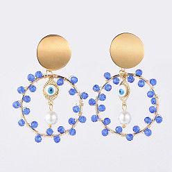 Blue Dangle Stud Earrings, with 304 Stainless Steel Stud Earrings Findings, Brass Enamel Evil Eye Links, Linking Rings, Glass Beads and Earring Backs, Golden, Blue, 63mm, Pin: 0.7mm