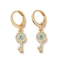 Turquoise Key with Evil Eye Golden Brass Dangle Leverback Earrings, with Enamel and Cubic Zirconia, Turquoise, 29.5x7mm