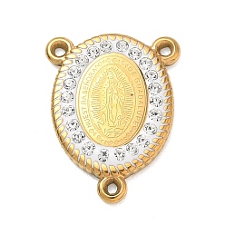 Golden Religion 304 Stainless Steel Chandelier Components Links, with Clay Pave Crystal Rhinestone, Oval with Virgin Mary Rosary Centers, Ion Plating(IP), Golden, 18x14x2.5mm, Hole: 1mm