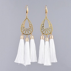 Creamy White Polyester Tassel Dangle Earrings, with Alloy Cubic Zirconia Pendant and 316 Surgical Stainless Steel Earring Hooks, Teardrop, Golden, Creamy White, 123~124mm, pin: 0.7mm