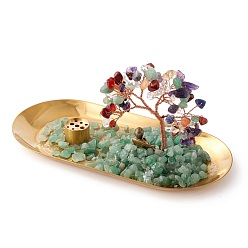 Mixed Stone Natural Gemstone Chips with Brass Incense Burner Holder, with Rose Gold Plated Brass Wires and Buddha, Lucky Tree, 83.5x180x85~100mm