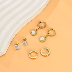 Настоящее золото 18K 3 пары 304 наборы плоских круглых сережек-гвоздиков из нержавеющей стали, со стразами, реальный 18 k позолоченный, 8~13 мм