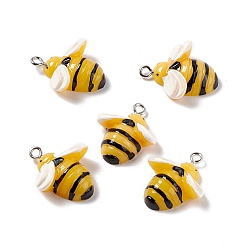 Goldenrod Opaque Resin Pendants, with Platinum Tone Iron Loops, Bee, Goldenrod, 23x19x7.5mm, Hole: 2mm