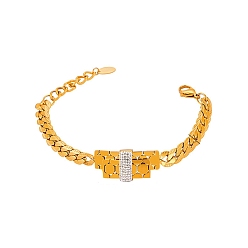Golden Cubic Zirconia Rectangle Link Bracelet with 304 Stainless Steel Chains, Golden, 7-1/8 inch(18cm)