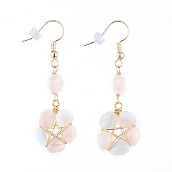 Morganite Wire Wrapped Natural Morganite Dangle Earrings, with Brass Earring Hooks and Plastic Ear Nuts, Star, 53mm, Pin: 0.8mm