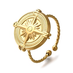 Настоящее золото 18K Плоская круглая форма с циркулем 304 открытая манжета из нержавеющей стали для женщин, реальный 18 k позолоченный, внутренний диаметр: 19 мм