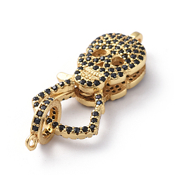 Golden Brass Micro Pave Cubic Zirconia Lobster Claw Clasps, with Bail Beads/Tube Bails, Skull, Black, Long-Lasting Plated, Golden, 25x12x5.5mm, Hole: 1.5mm