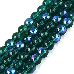 Морско-зеленый Прозрачные стеклянные бусины гальваническим пряди, круглые, с покрытием цвета радуги, с половиным покрытием, цвета морской волны, 6~6.5 мм, отверстие : 0.8~1 мм, около 67~72 шт / нитка, 14.57~15.35 дюйм (37~39 см)