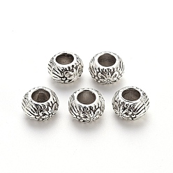 Antik Silber Farbe Tibetische Stil Legierung Großlochperlen, Großloch perlen, cadmiumfrei und bleifrei, rondelle mit Blume, Antik Silber Farbe, 9.5x6 mm, Bohrung: 4.5 mm, ca. 650 Stk. / 1000 g