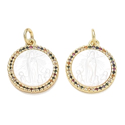 Chapado en Oro Real 18K Colgantes de circonitas cúbicas de colores con micro pavé de latón chapado en rack, redondo plano con encantos de la virgen maría, con concha blanca natural y anilla de salto, sin plomo y cadmio, larga duración plateado, real 18 k chapado en oro, 18x15x2.8 mm, agujero: 3.5 mm