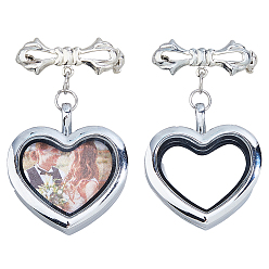 Платина 2шт латунная брошь, с магнитными стеклянными подвесками-медальонами из сплава, сердце, платина, 45 мм