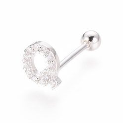 Letter Q Boucles d'oreilles en argent sterling plaqué rhodium, micro pavé, zircone cubique transparente, haltère, cartilage, letter.q, 925mm, pin: 6x6x1.5 mm