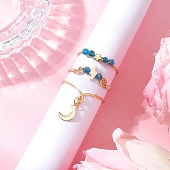 Апатит 3шт. медная проволока, обернутая натуральным апатитом, ограненные круглые бусины, кольца для женщин, золотые, звезда, молния и луна, 4~15 мм, внутренний диаметр: 18~19 мм