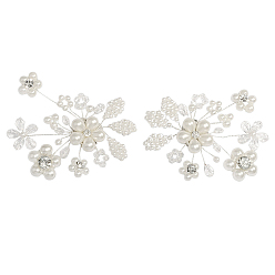 Platine & Argent Décrations de chaussures en strass en alliage, avec plastique ABS imitation perle & verre, clips de fer, cristal, fleur, Platine et argent, 50x70~75x13mm, 2 pièces / kit