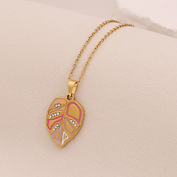 Ярко-Розовый 304 ожерелья с подвесками из нержавеющей стали с кубическими цирконами и эмалированными листьями, золотые, ярко-розовый, 15.75 дюйм (40 см)