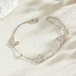 Silver Elegant Brass Micro Pave Clear Cubic Zirconia Butterfly Link Chain Bracelets for Women, Silver, 8.07 inch(20.5cm)