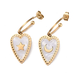 Real 18K Gold Plated Heart 304 Stainless Steel Shell Stud Earrings, Moon & Star Pattern Dangle Earrings for Women, Real 18K Gold Plated, 38.5x15mm