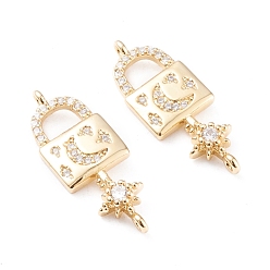 Настоящее золото 18K Латунные микро проложить кубических ссылки циркония, долговечный, замок с ключом, луной и звездой, прозрачные, реальный 18 k позолоченный, 28x10.5x4 мм, отверстие : 1.2 мм