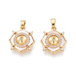 Настоящее золото 18K Латунный микро-паве кубический кубик циркония жемчужина, цветок, с оболочкой, за половину пробурено бисера, реальный 18 k позолоченный, 16x14x3.5 мм, отверстие : 5x3 мм, штифты : 0.8 мм