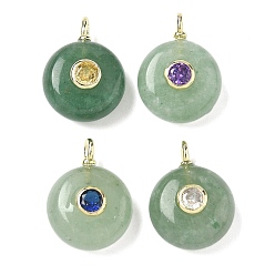 Зеленый Авантюрин Плоские круглые подвески из натурального зеленого авантюрина, с латунными микро проложить кубических выводы циркония, золотые, 18.5x14x8 мм, отверстие : 2x1 мм