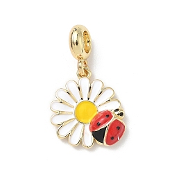 Настоящее золото 18K Латунные эмалированные европейские подвески с подвесками, подвески с большим отверстием в виде белого цветка и божьей коровки, реальный 18 k позолоченный, 30.5 мм, отверстие : 5 мм